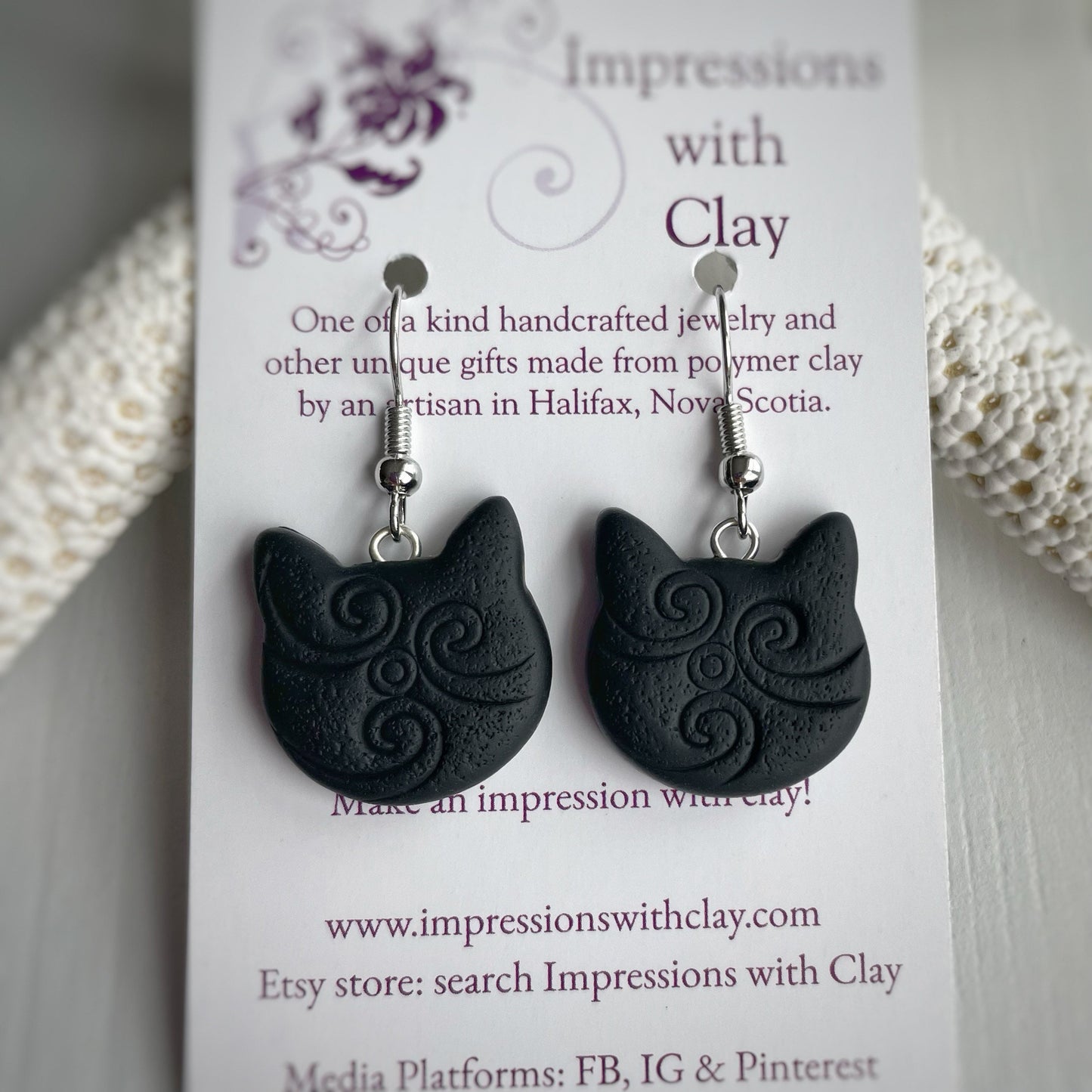 Black Cat Earrings with Textured Abstract Swirl Impression - Version B | IWC Earrings