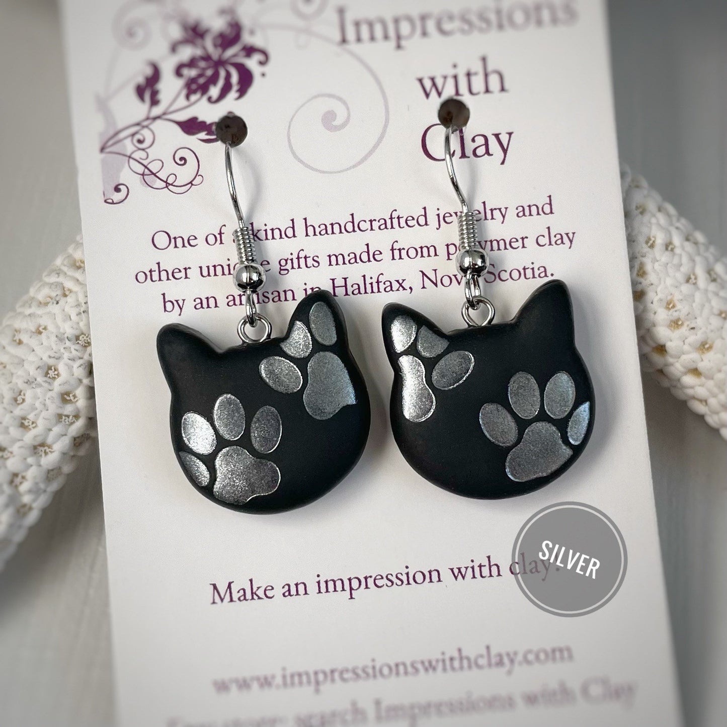 Black Cat Earrings with Paw Prints Drop Earrings