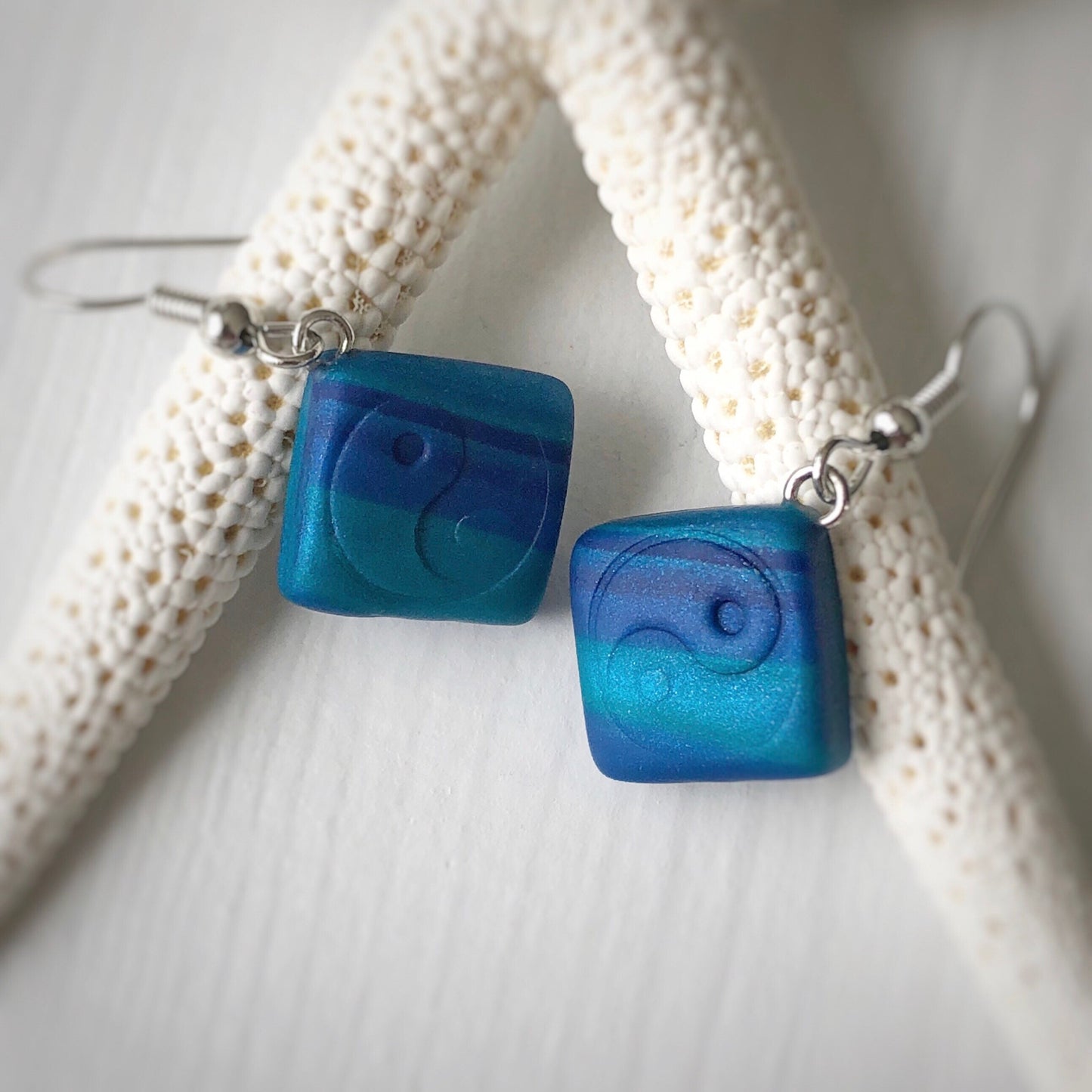 Diamond abstract blue and teal earrings with yin yang design, IWC Earrings