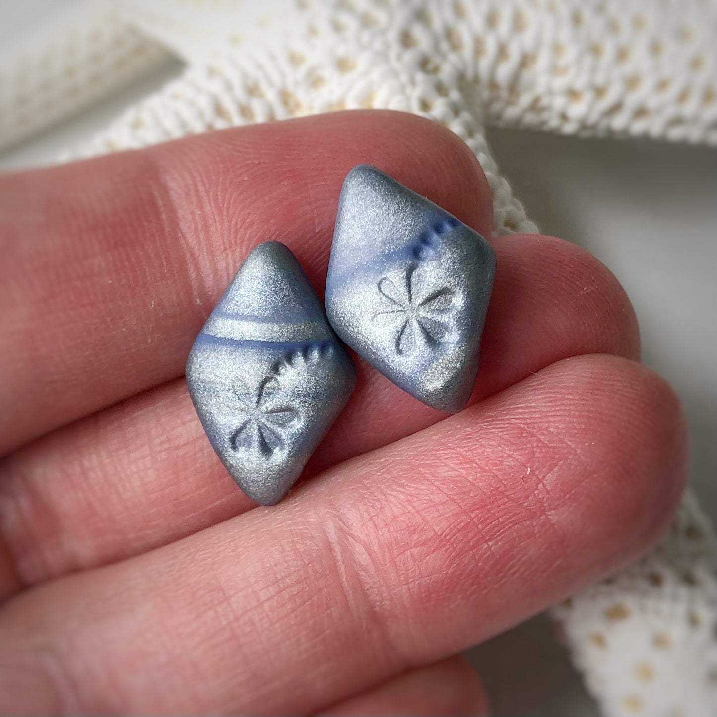 Blue and Silver Grey Diamond Impression Stud Earrings