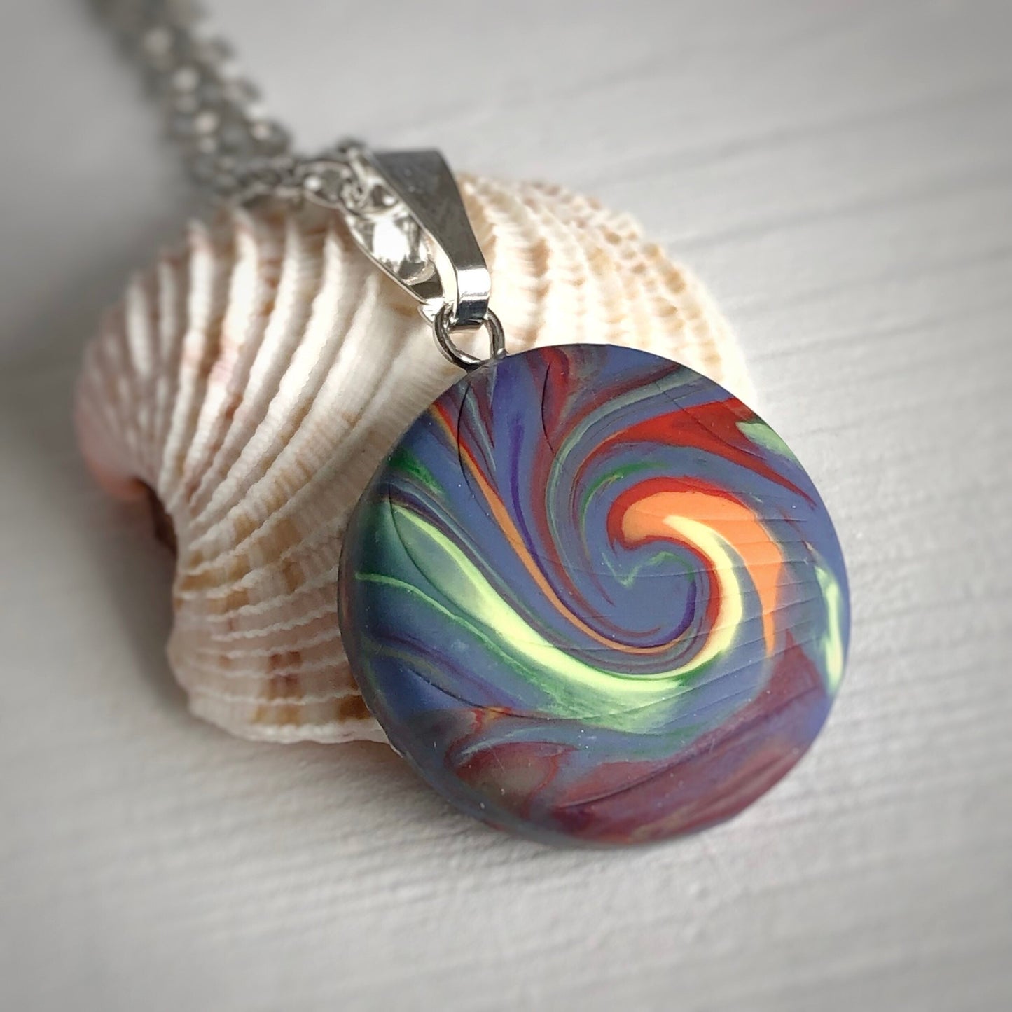 Rainbow Swirl Small Round Pendant with Abstract Impression