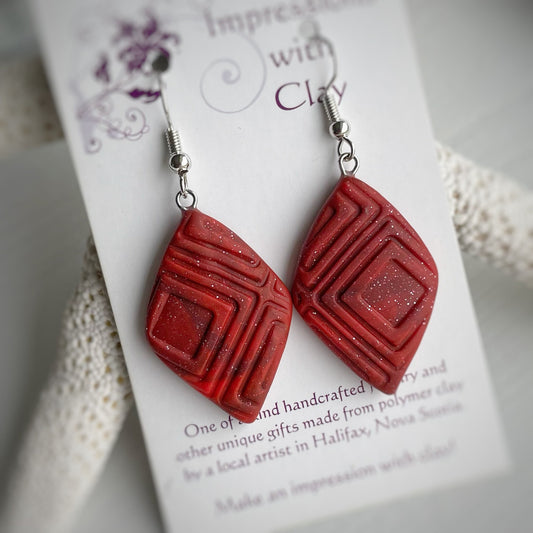 Red dimensional abstract imprint large triangular earrings, IWC earrings