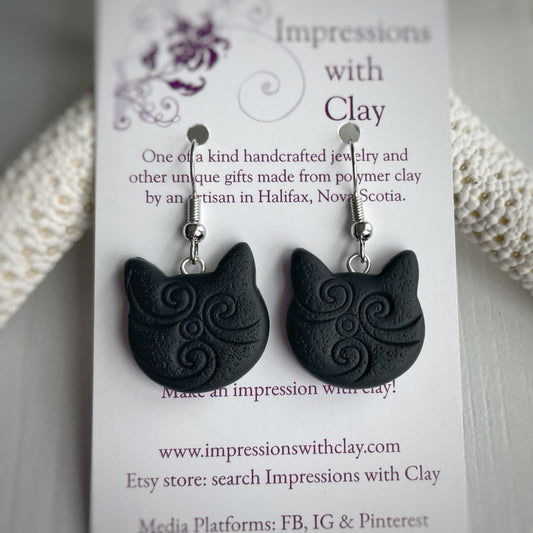 Black Cat Earrings with Textured Abstract Swirl Impression - Version B | IWC Earrings