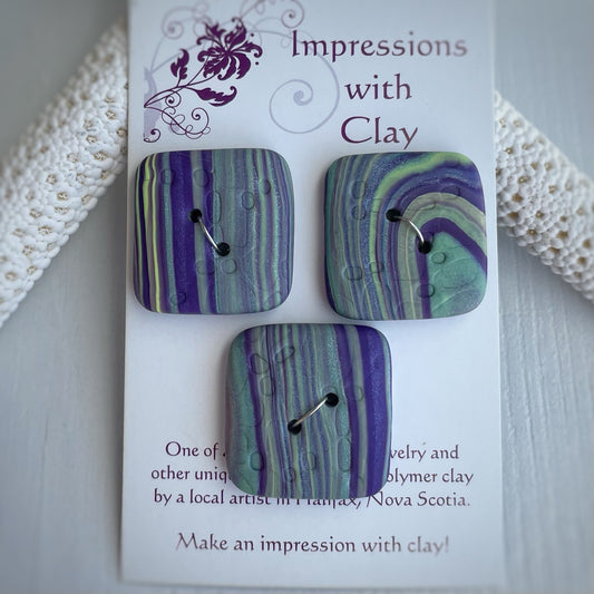 Purple and Green Square Abstract Polymer Clay Buttons - with impression - set of 3 - 20mm