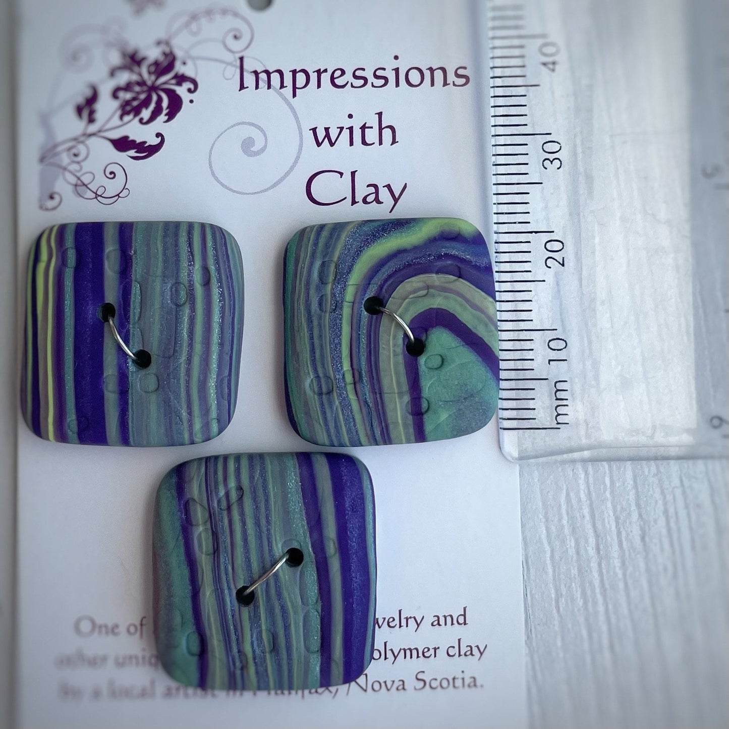 Purple and Green Square Abstract Polymer Clay Buttons - with impression - set of 3 - 20mm