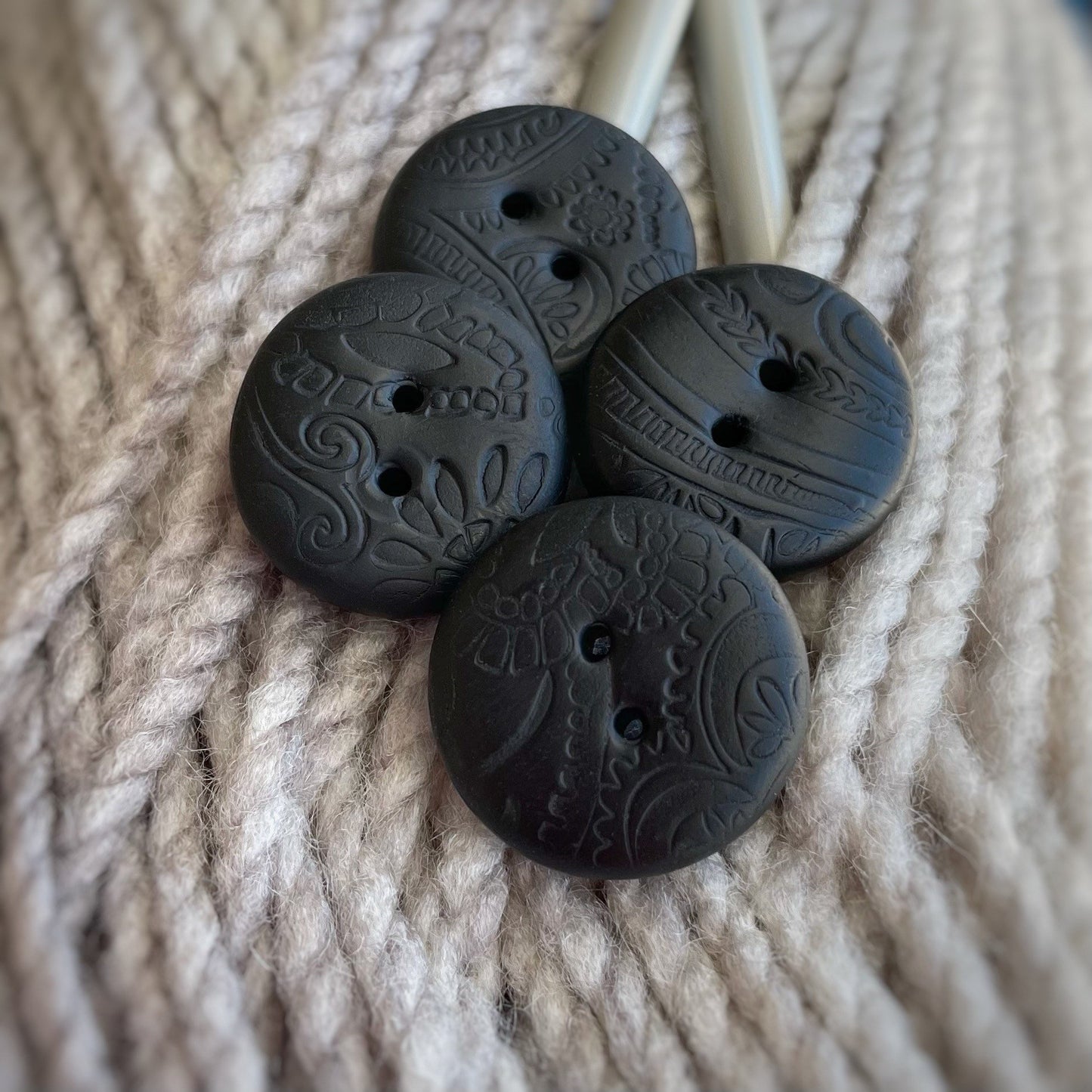 Black Round Abstract Quality Polymer Clay Buttons with Impression- set of 4 - 20mm