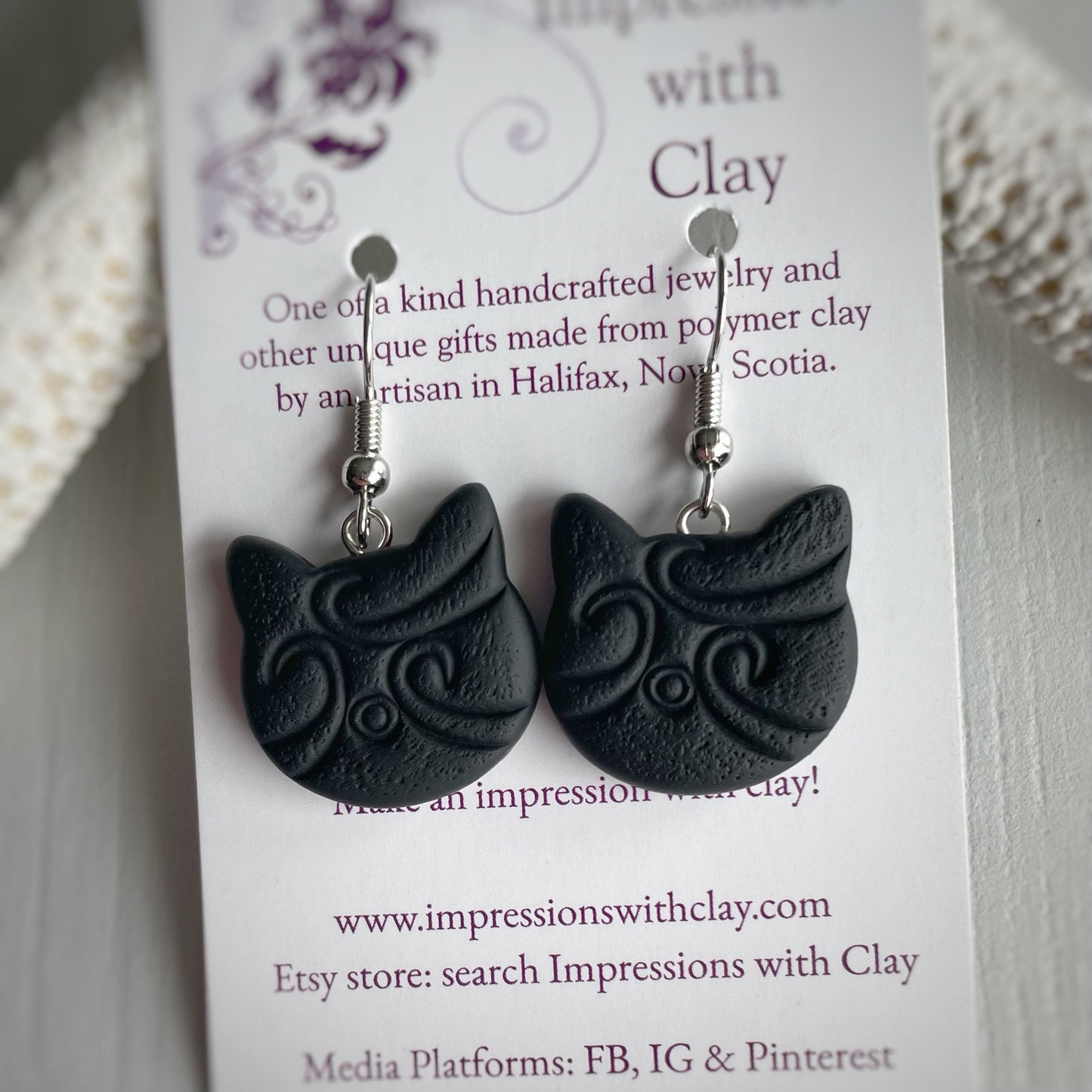 Black Cat Earrings with Textured Abstract Swirl Impression - Version A | IWC Earrings