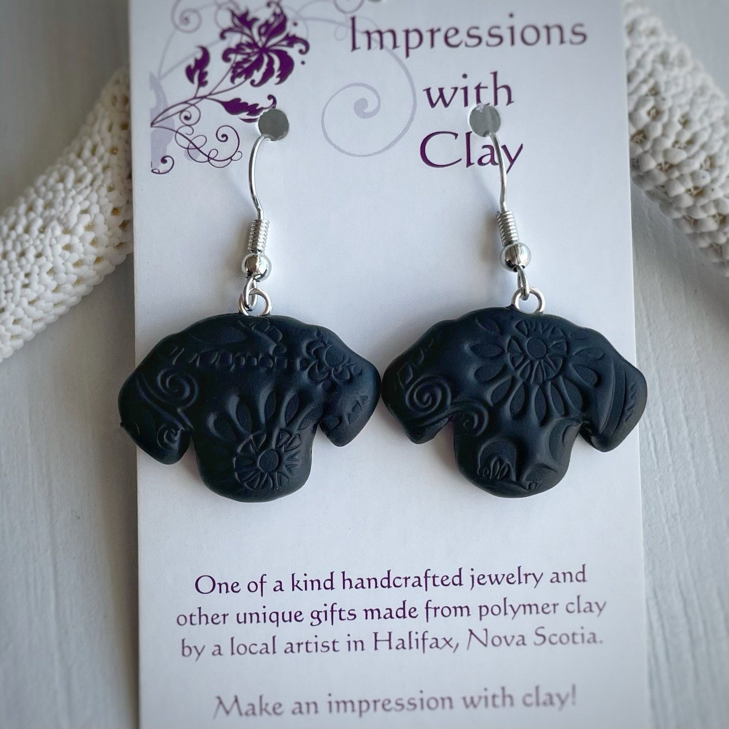 Black Dog Earrings with Abstract Impression | IWC Earrings