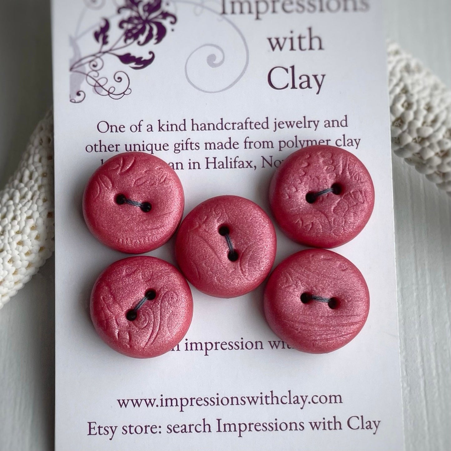 Small ~15mm - Peach Round Polymer Clay Buttons with Impression - set of 5