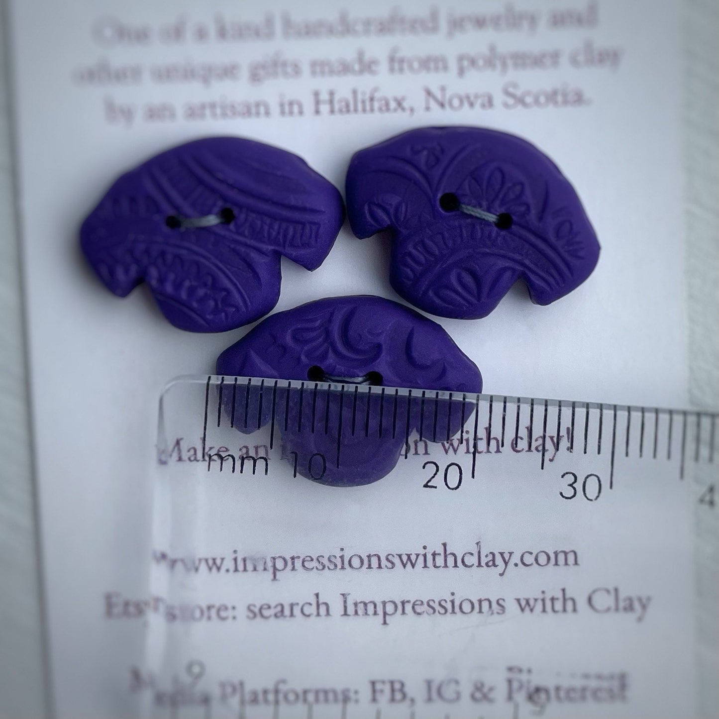 Purple Quality Dog Buttons | with Impression | Double layer Polymer Clay Buttons - set of 3 - 20mm x 14mm
