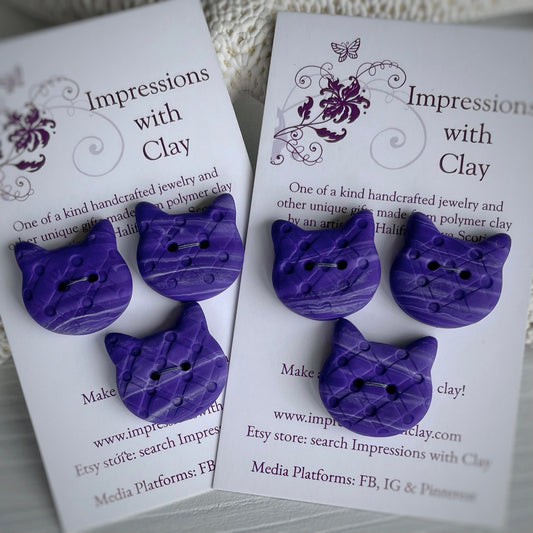 Purple and White Quality Cat Buttons | with Impression | Double layer Polymer Clay Buttons - set of 3 - ~18mm
