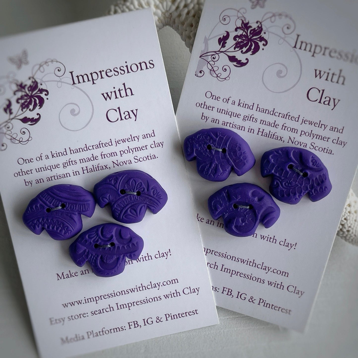 Purple Quality Dog Buttons | with Impression | Double layer Polymer Clay Buttons - set of 3 - 20mm x 14mm