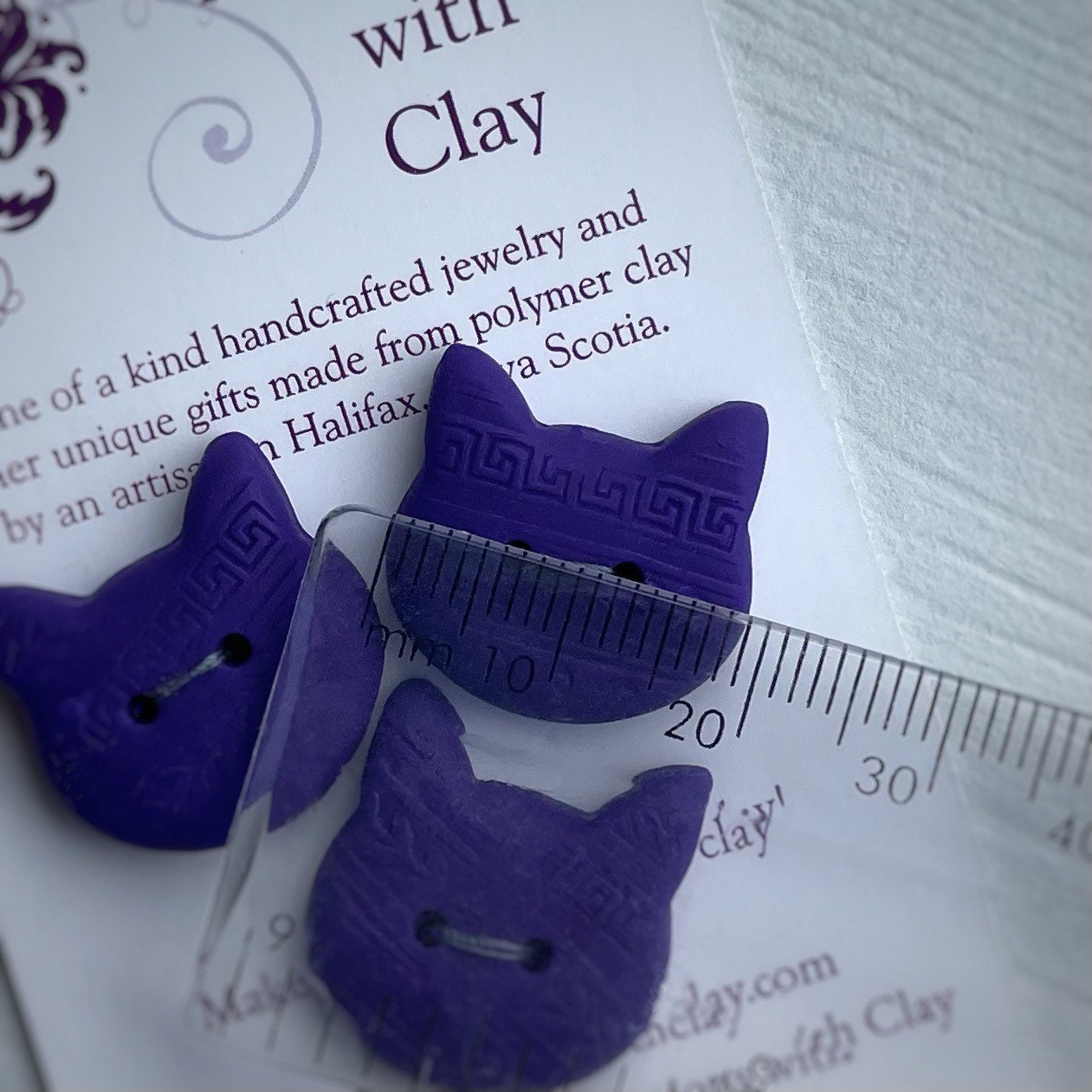 Purple and White Quality Cat Buttons | with Impression | Double layer Polymer Clay Buttons - set of 3 - ~18mm