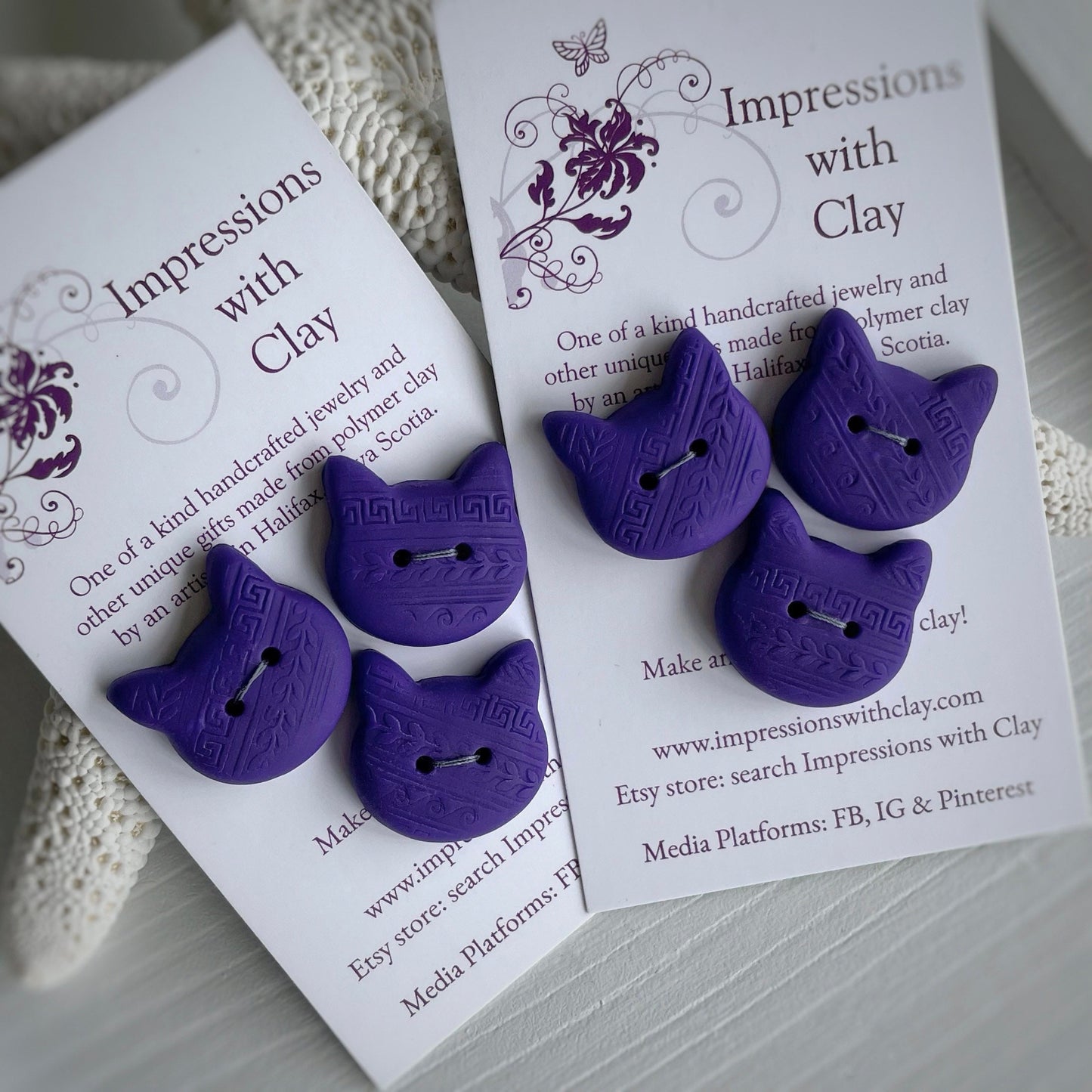 Purple Quality Cat Buttons | with Impression | Double layer Polymer Clay Buttons - set of 3 - ~18mm