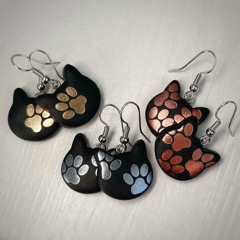Black Cat Earrings with Paw Prints Drop Earrings