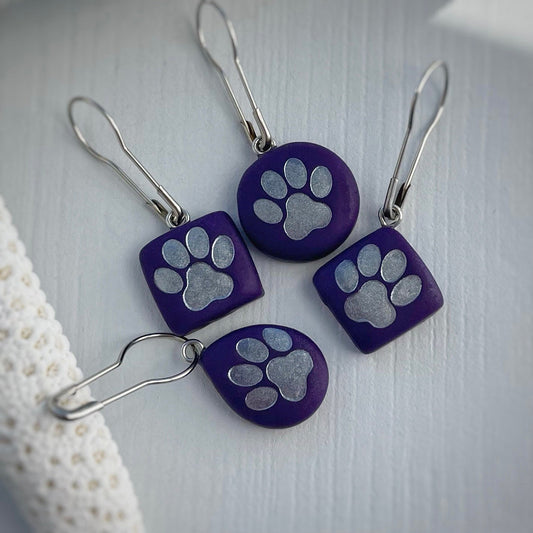 Any Colour Four Shapes Quality Stitch Markers with Paw Prints with Silver or Black Hooks | Set of 4 - ~10mm